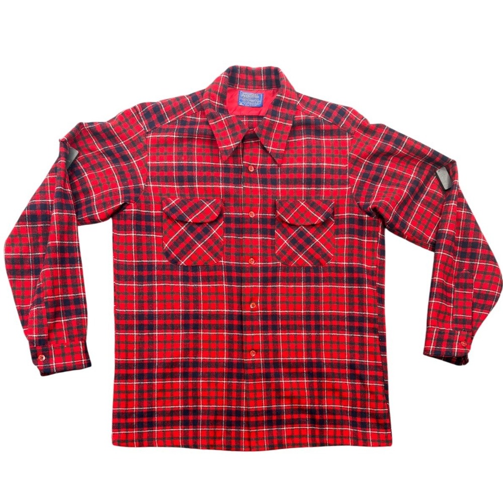 Vintage Pendleton Wool Flannel Shirt USA Red Plaid Button Up Workwear L Damaged